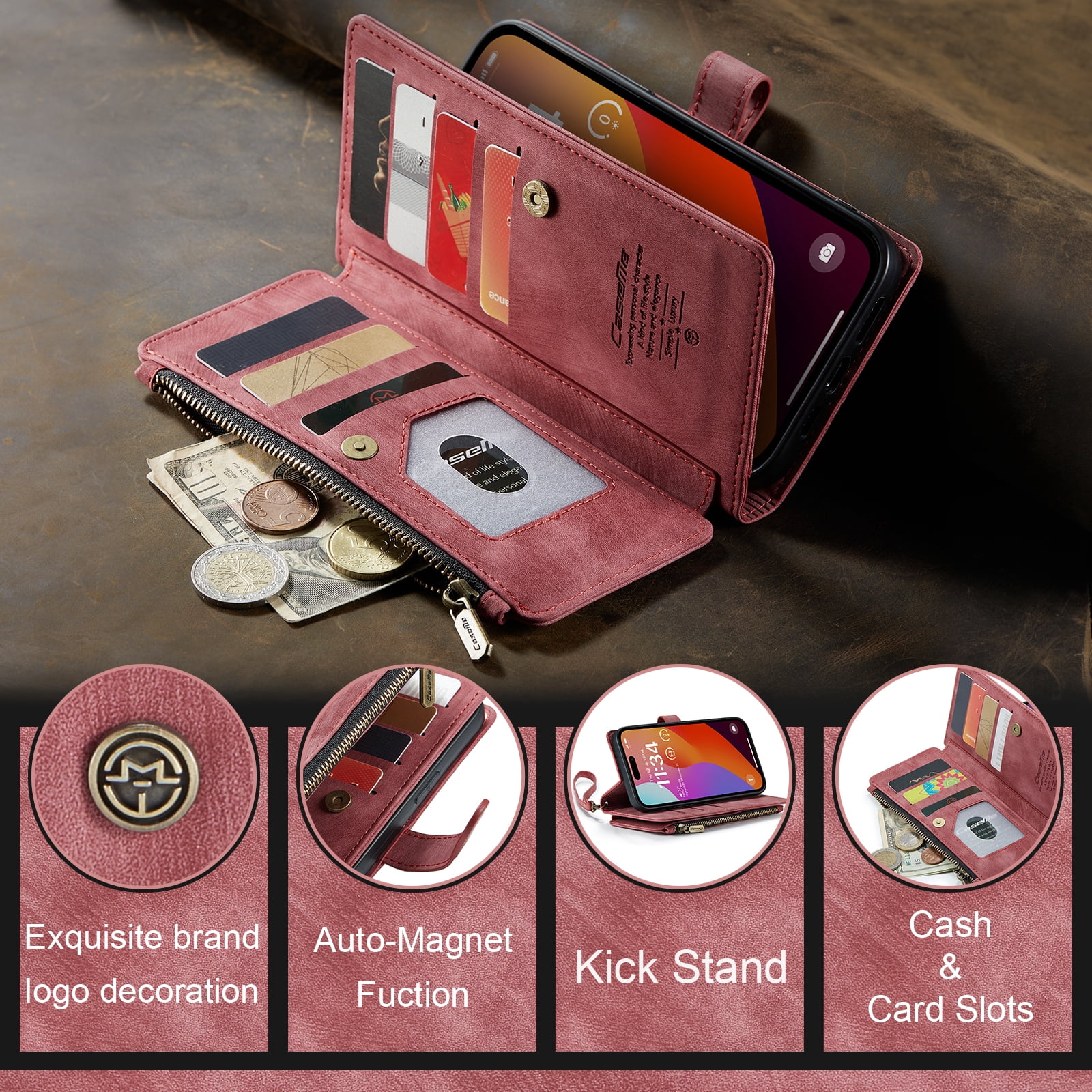 Dteck for iPhone 15 Pro Case with Card Holder, Premium iPhone 15 Pro Wallet Case for Women Men, Heavy Duty Durable PU Leather With Flip Zipper Pocket Phone Case w/ Wrist Strap Lanyard,Red