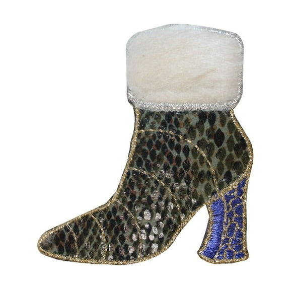 ID 7975 Fuzzy Top Snake Skin Boot Patch High Heel Embroidered Iron On Applique