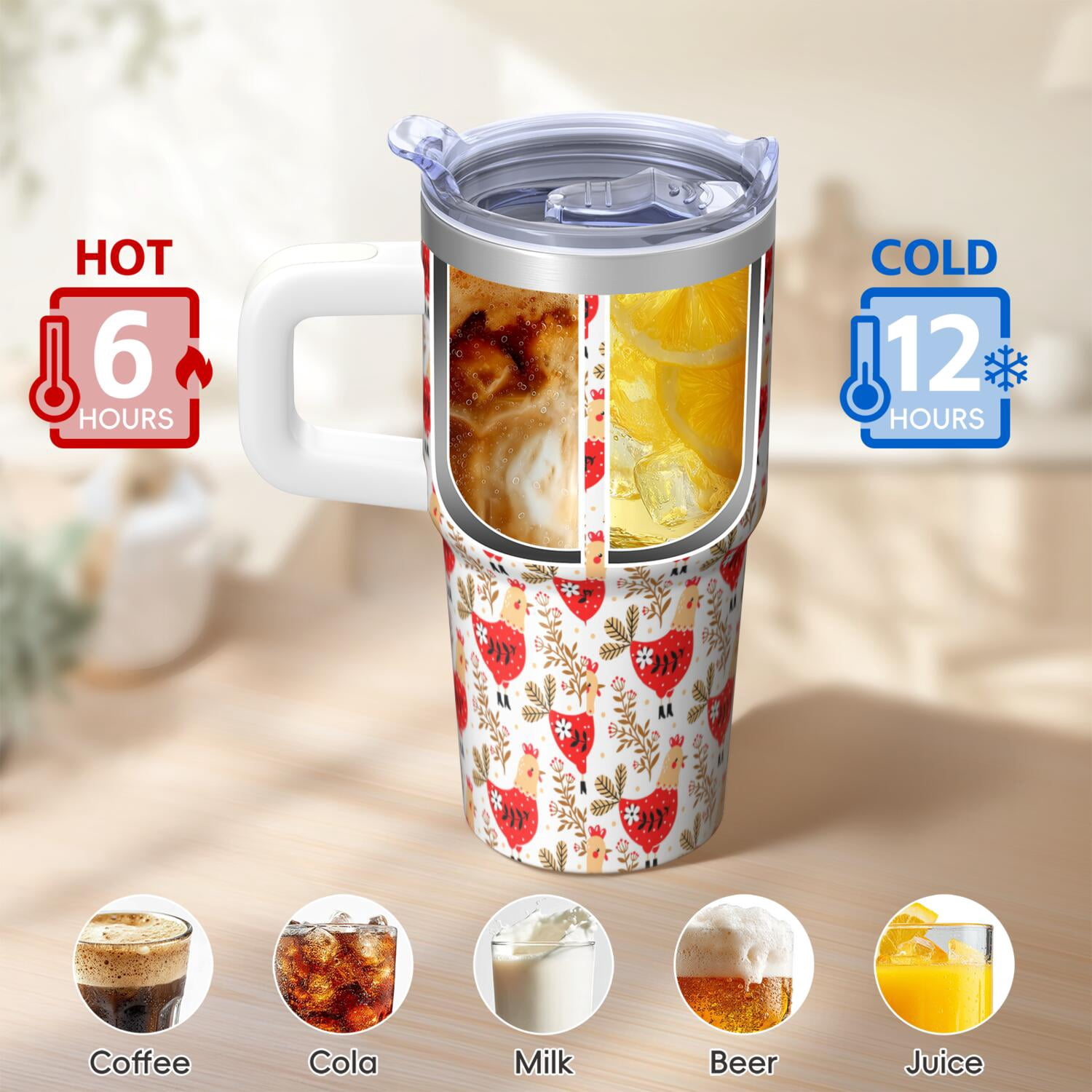 20oz Chicken Lover Tumbler with Handle Insulated Travel Mug Perfect Birthday Christmas Gift for Chicken Fans Women Men Fits Car Cup Holders Durable Build Hot Tea Cold Soda Daily Commutes Trips