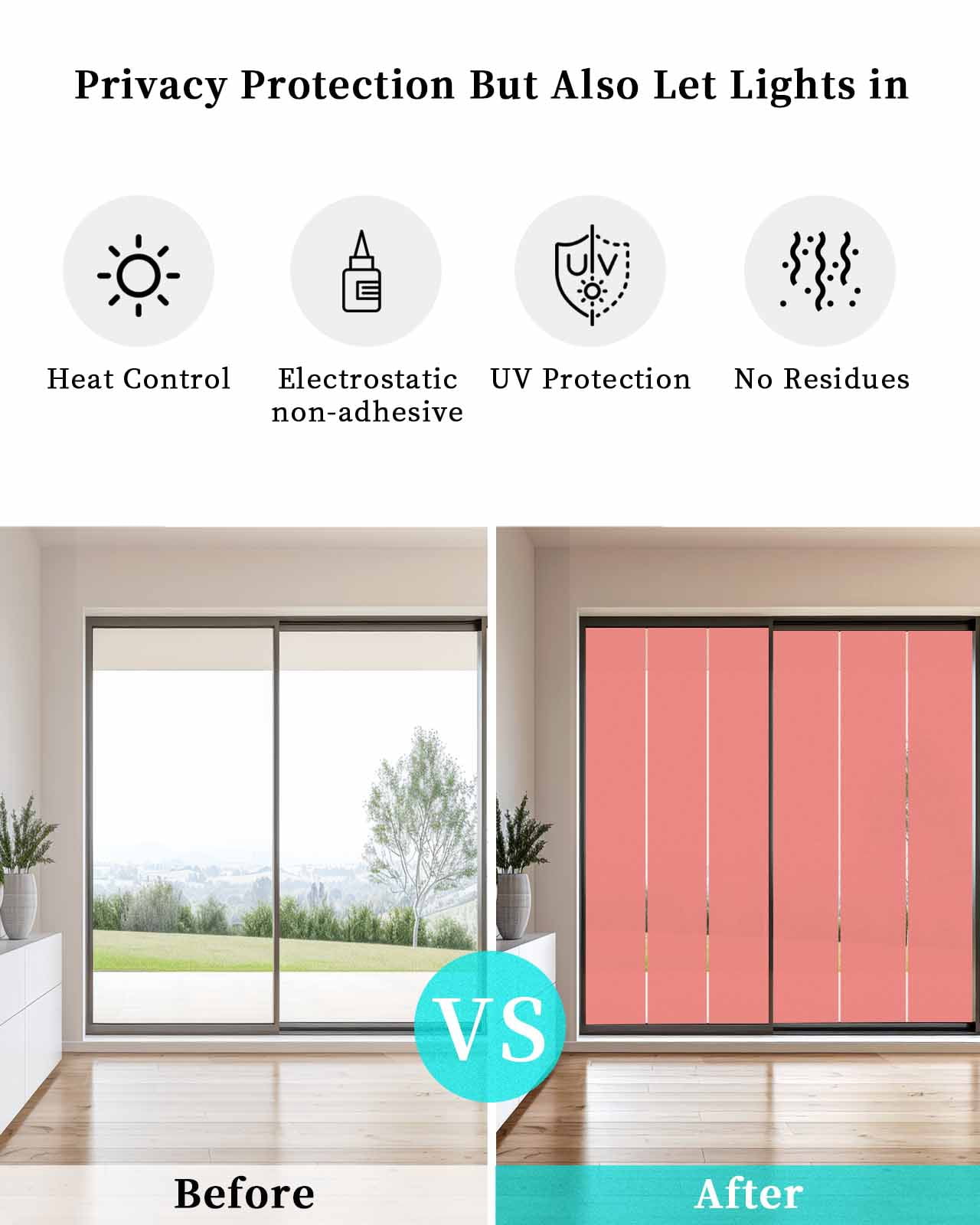 Window Privacy Film, Coral Red UV Sun Blocking Window Tint Film Heat Control One Way Blackout Window Film, Pure Orange Red Solid Color Simple Minimalism Art Non Adhesive Static Cling 35.4x78.7 In