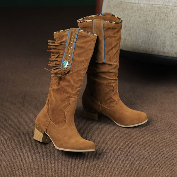 Leozcaa Womens Fringe Western Boots Fashion Hidden Heel Mid Calf