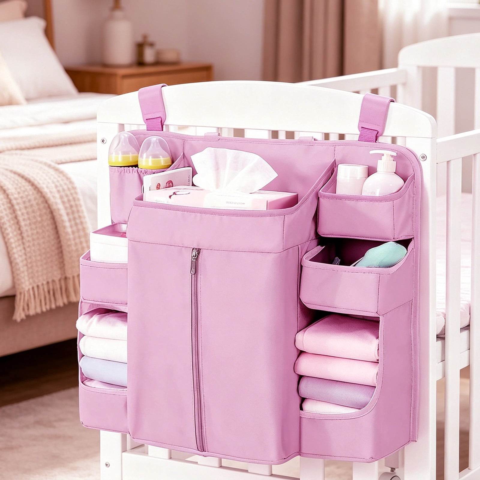 Necessities Hanging Diaper Organizer for Changing Table and Crib - Holds 10+ Diapers & Essentials, Heavy Duty Stacker Storage for Playard, 22.8" L x 19.7" W x 5.5" H