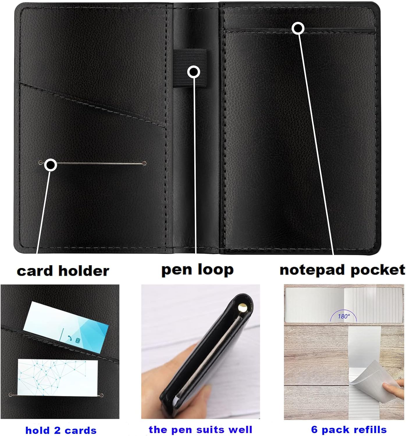 9 Pieces Mini Pocket Notepad Set,Included Leather Pocket Note Pad Holder,180 Sheets 6 Pack 3×5 Inch Small Notebook Refills,2 Metal Ballpoint Pens
