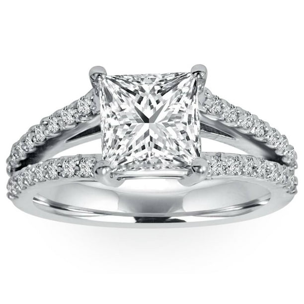 1 1/3Ct Princess Cut Split Shank Diamond Engagement Ring 14K White Gold ...