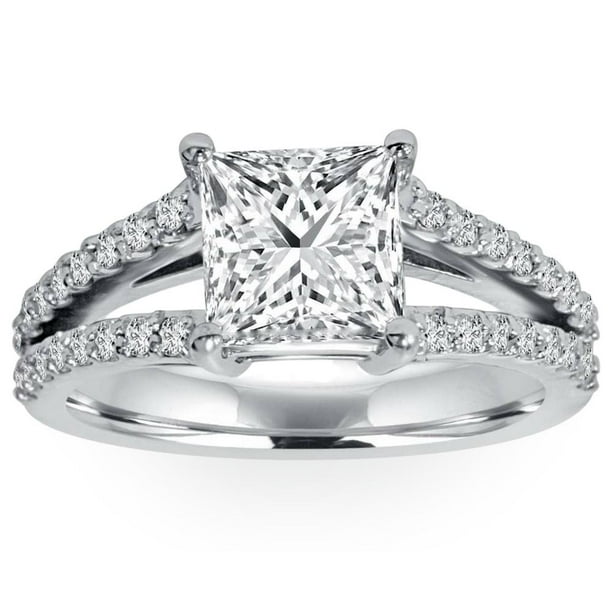 1 1/3Ct Princess Cut Split Shank Diamond Engagement Ring 14K White Gold ...