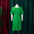 thumbnail image 2 of AURA Womens Pleated Midi Dress High Waist Belted A Line Crewneck Five Sleeve Elegant Summer Work Dress with Zipper, 2 of 9