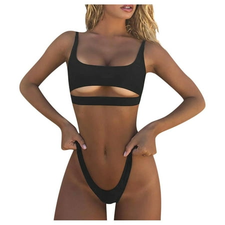 Cathalem Women s Bikini Swimsuits Sexy Ribbed Triangle Top Bathing Suits String Cheeky Bikini Sets (Black S)
