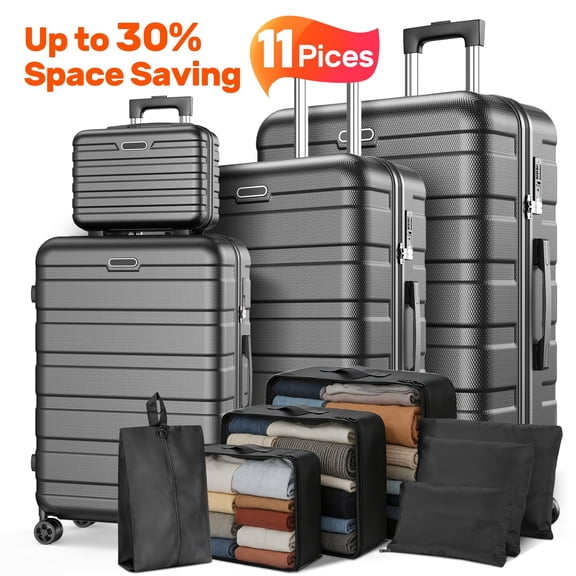 11PCS Hardside Luggage Set, Lightweight ABS Suitcases with Password Lock & 360° Spinner Wheels, Includes 14" Travel Case, 20" Carry-On, 24" Checked, 28" Large Luggage 7 Packing Cubes, Black