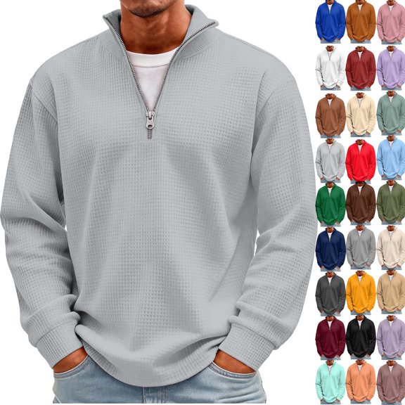 Qwertyu Men's Quarter Zip Up Pullover Mock Neck Long Sleeve Sweatshirt for Men Waffle Knit Casual Half Zipper Pullover Men Cyan XL