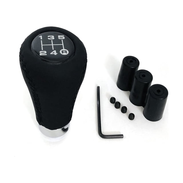 FlyFlise Car Manual Gear Shift Knob Shifter Black Leather Red Stitch 5 Speed