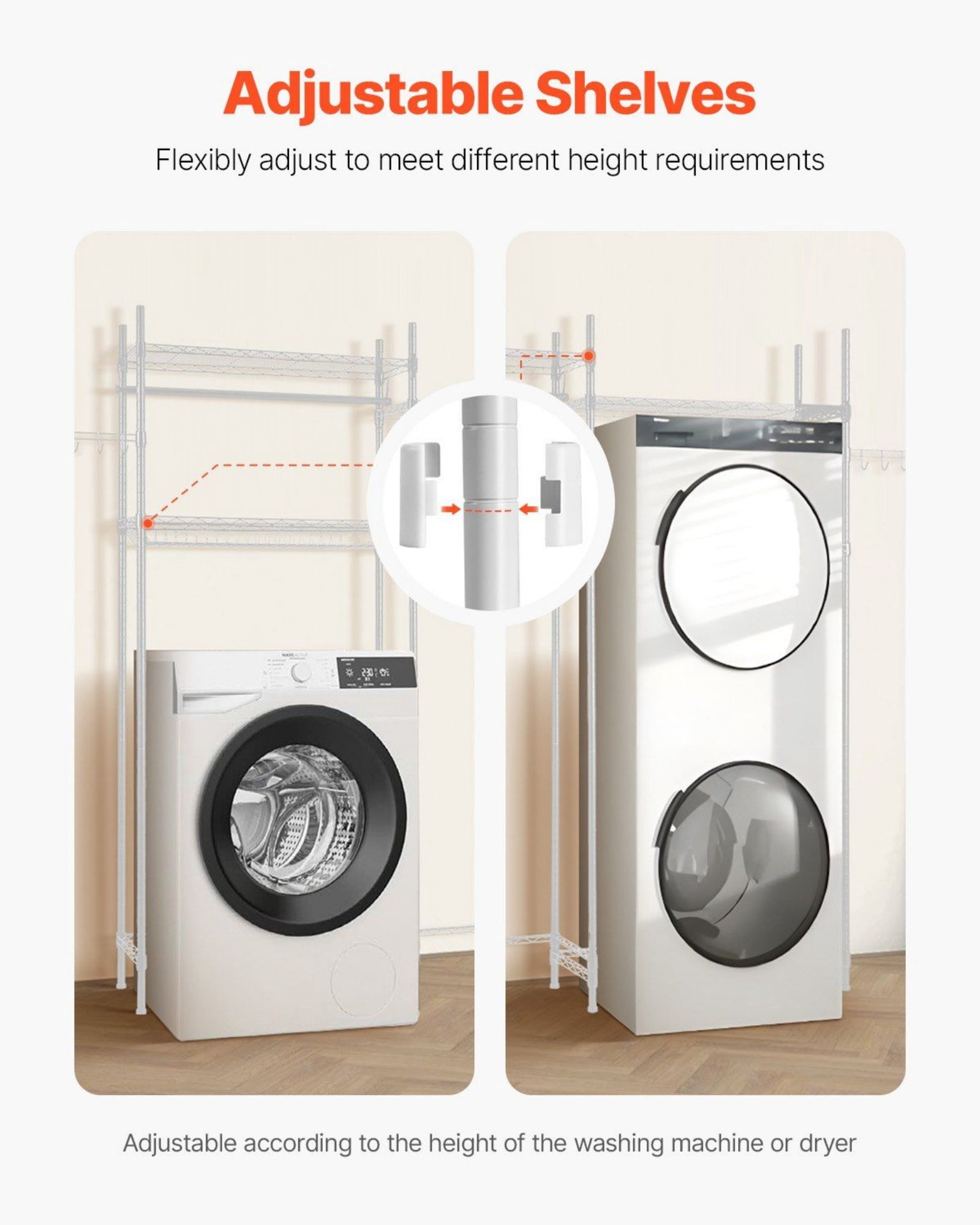 4-Tier Over Washer & Dryer Shelf with Hanger Rod & Hooks, Adjustable Laundry Storage Rack, Space-Saving Organizer, White – Sturdy & Versatile