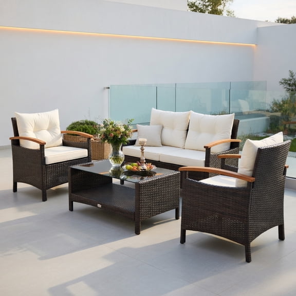 Resenkos 4-Piece Outdoor Rattan Patio Furniture Set – White & Brown PE Wicker Loveseat, 2 Single Sofas, Storage Coffee Table with Removable Cushions for Backyard, Deck, Poolside