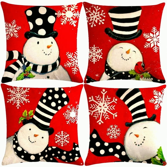 Winter Wonderland Festive Snowman Pillowcase Set - Set of 4 Red Snowman Festival Throw Cushion Covers for Home Decor - 18" x 18" Cotton Linen