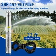 KFFKFF Deep Well Submersible Pump, 4 inch Stainless Steel Water Pumps, 3HP/2200W 230V/60Hz, 37GPM Flow 640 ft Head, with 33 ft Electric Cord
