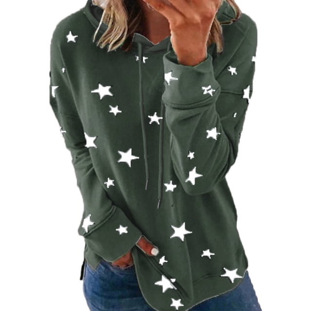 Jsaierl Chandails à Manches Longues pour Femmes Grande Taille Imprimé Étoiles Sweat à Capuche avec Cordon de Serrage Tendance Chic Col Rond Hauts Décontractés Mignons