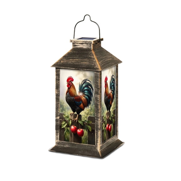 Solar Lantern Colorful Rooster Perched Wooden Fence Red Apples Greenery Garden Hanging Lantern Waterproof Solar Powered Lighting Outdoor Table Lamp for Deck Yard Camping Patio Decor