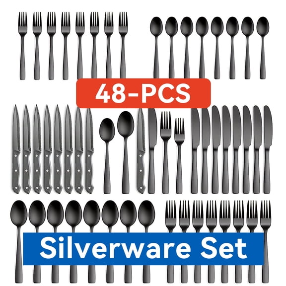 48-Piece Black Silverware Set for 8, with Steak Knives - Food Grade Stainless Steel Flatware Cutlery Utensil Set - Premium Mirror Polished Finish for Home Restaurant Daily Use