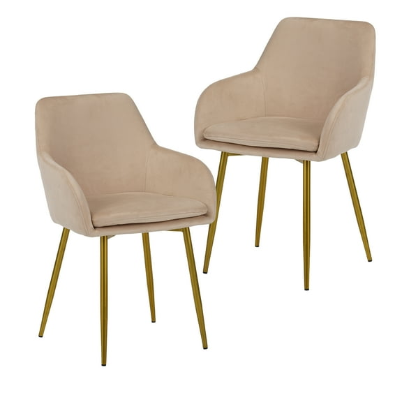 Velvet Dining Chair Set of 2, Gold Metal Legs, Modern Padded Seats for Dining Room, Kitchen, Vanity - Beige
