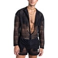 thumbnail image 1 of Conjunto de camisa de encaje para hombre Conjunto de pantalones cortos huecos casuales transpirables de color puro de manga larga floral para hombre Negro XL, 1 of 5