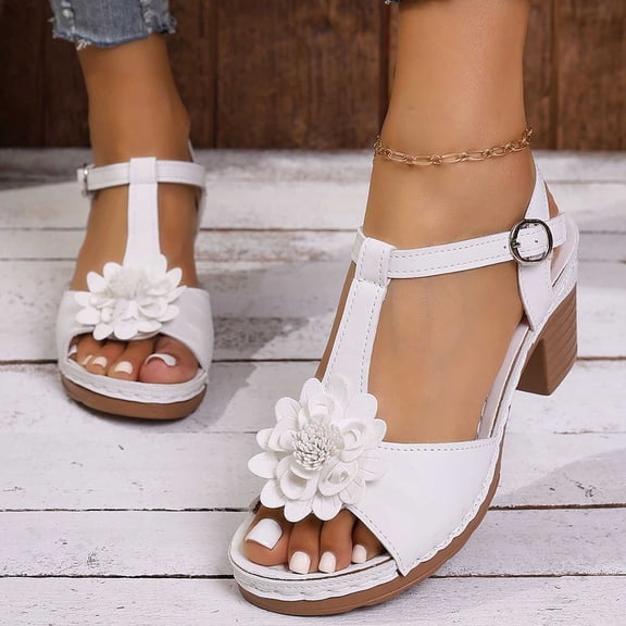 Viluyesy Womens Heeled Sandals, Fashion Floral Peep Toe Ankle Strap Fashion Dressy Shoes White US9.5