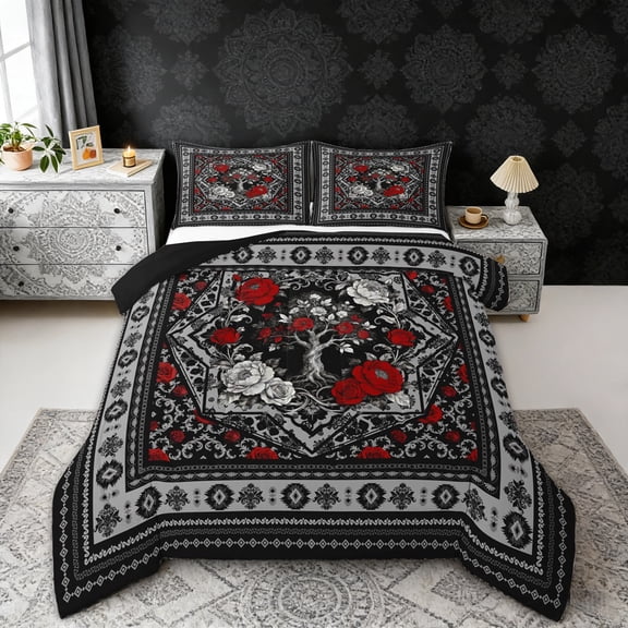 Erosebridal Tree of Life Full Size Comforter Sets, Bohemian Aztec Mandala Bedding Sets, Black Gray Red, Black Reversible 3-Piece, 1 Comforter and 2 Pillowcases