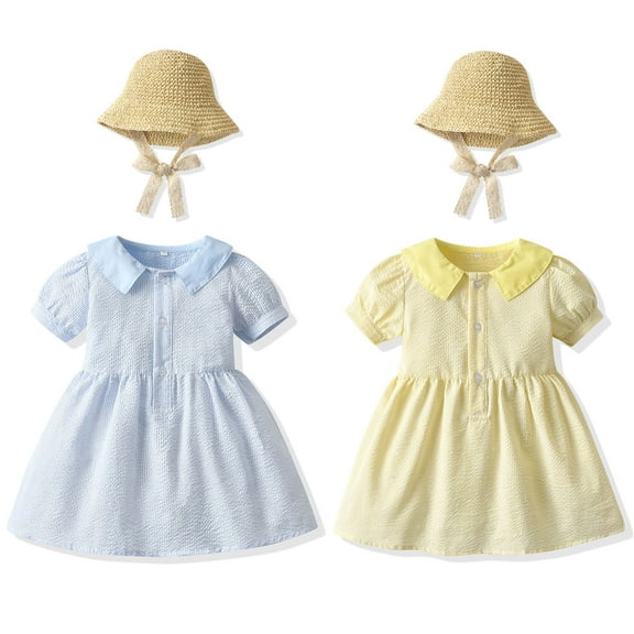 ZZwxWA Toddler Kids Baby Girls Summer Solid Color Puff Sleeve Dress Princess Dress Hat Suit Toddler Clothes for Girls