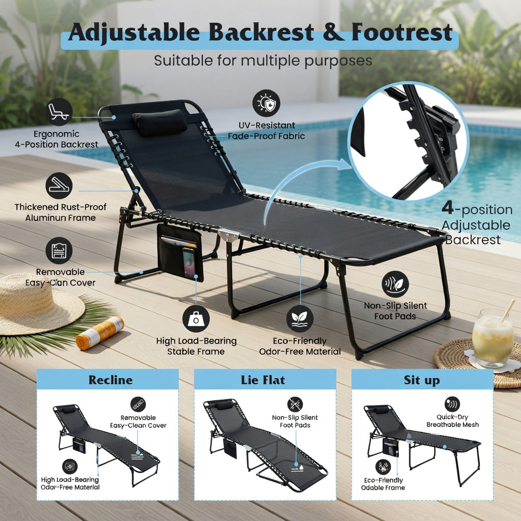 Hommoo 4-Position Adjustable Folding Lounge Chair, Chaise with Detachable Headrest, Side Pocket & Anti-Slip Feet for Poolside, Backyard, Camping, Black