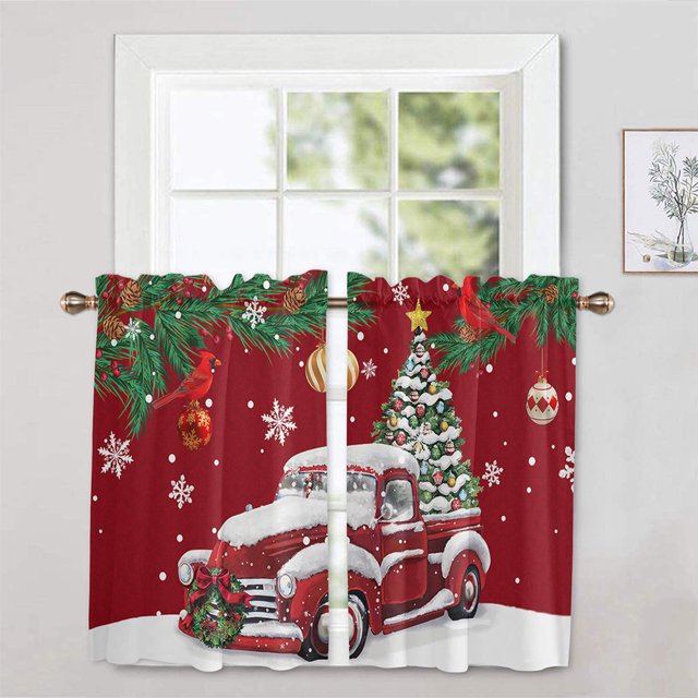 Innerwin Rideaux de Cuisine de Noël Poche de Tringle Panneaux Courts 1/2 Pcs Demi-Rideau Occultant Imprimé Floral de Luxe Bonhomme de Neige g 2 Pcs-Tier Rideau : L:27.5 Pieds'x H:36 Pieds'