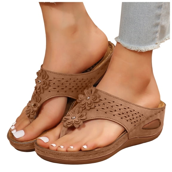 Wedge Sandal for Women Lightweight Floral Platform Flip Flops Ladies Summer Bohemian Dressy Tong Sandals Brown Size 8