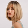 thumbnail image 1 of Black Root With Blonde Hair s Beautiful Short Bob With Bangs 12 Inch Heat Resistant Synthetic s For Women, 1 of 5