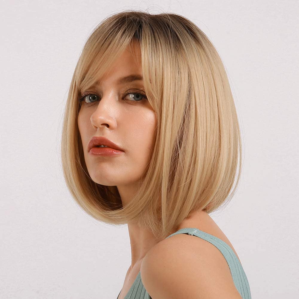 Queto Black Root With Blonde Hair Wigs Beautiful Short Bob Wig With Bangs 12 Inch Heat Resistant Synthetic Wigs For Women