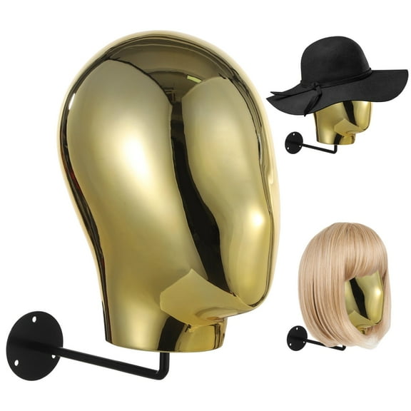 Mannequin Head Block, Wall-Mounted Wig Stand, Luxury Gold Chrome Wig Display Holder, Wig Head Rack, Manikin Head for Displaying Hats, Headwear, Glasses
