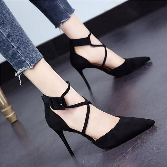 Hoshose Fashion Casual Womens Stiletto Shoes Pointy Toe Shallow out Cross Strap Breathable Dressy Shoes for Women Soft Soled