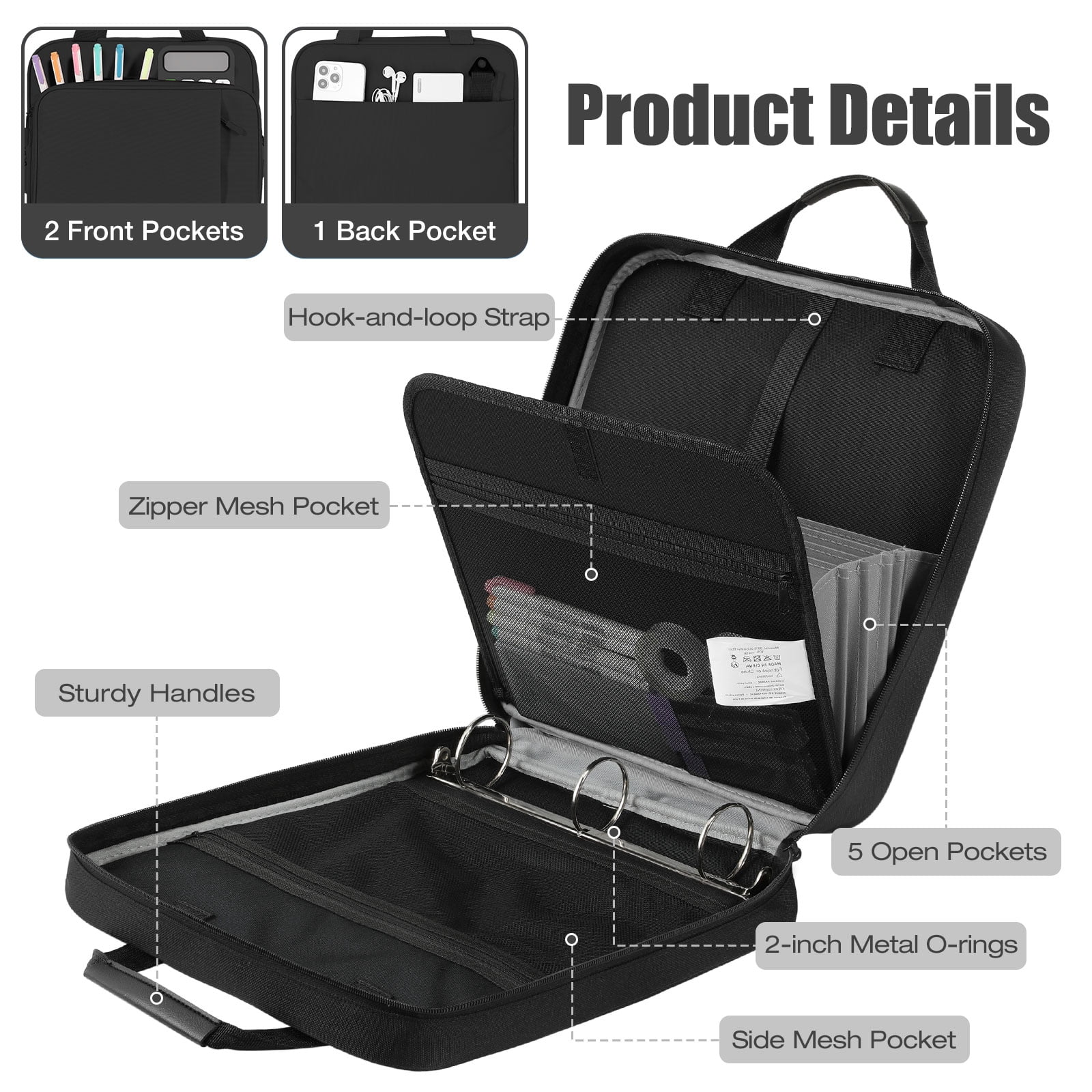 MoKo Zipper Binder with Strap Handle, 2 inch 3 Ring 500 Sheet Capacity Multi-Pockets Binder Organizer, School Office Supplies, Black