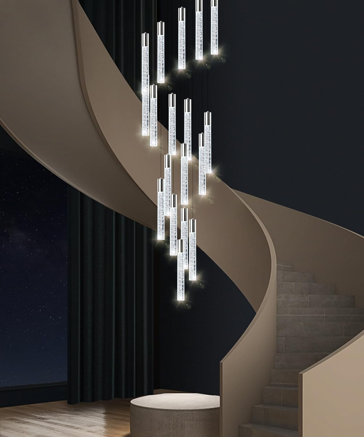 Modern Crystal Chandelier Dimmable LED Pendant Light Fixture 18-Light Silver Staircase Mini Chandelier Lobby Living Room Bedroom Foyer Flush Mount High Ceiling Light Fixtures(90W)