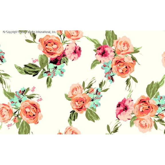 Challis Rayon Printed First Crush, Floral Fabric, Dress Fabric (IVORY/PEACH/MIST, ByYard)