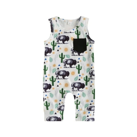 

Arvbitana Baby Girl Boy Rib Jumpsuit Cartoon Print Round Neck Sleeveless Playsuit Spring Summer Casual One Pieces Romper with Crotch Buttons for Infant 0-18M
