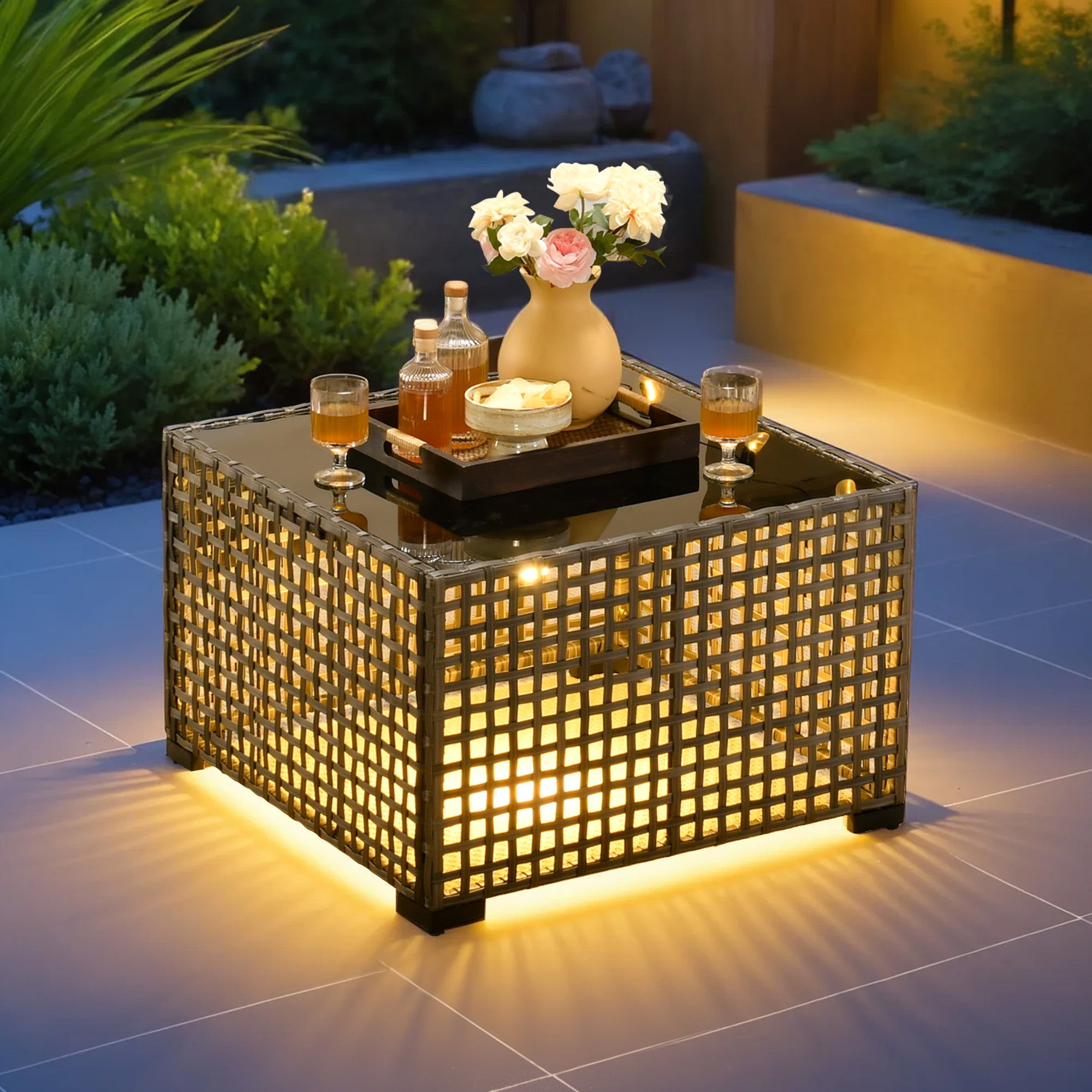 Ovios 4 Pieces Outdoor Patio Furniture Set with Lighted Coffee Table All-Weather Wicker Rattan Conversation Sofa Set, Beige