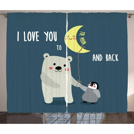 I Love You Curtains 2 Panels Set, Teddy Bear and Penguin Best Friends Arctic Lovers under Moon Cartoon, Window Drapes for Living Room Bedroom, 108W X 90L Inches, Slate Blue Grey Yellow, by (Best Version Of Blue Moon)