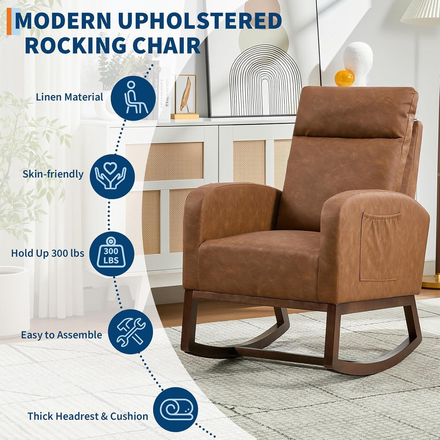 Rocking Chair Nursery Chair with Foot Rest, Nursery Rocking Chairs with Pocket，Baby Nursery Glider Rocker for Living Room