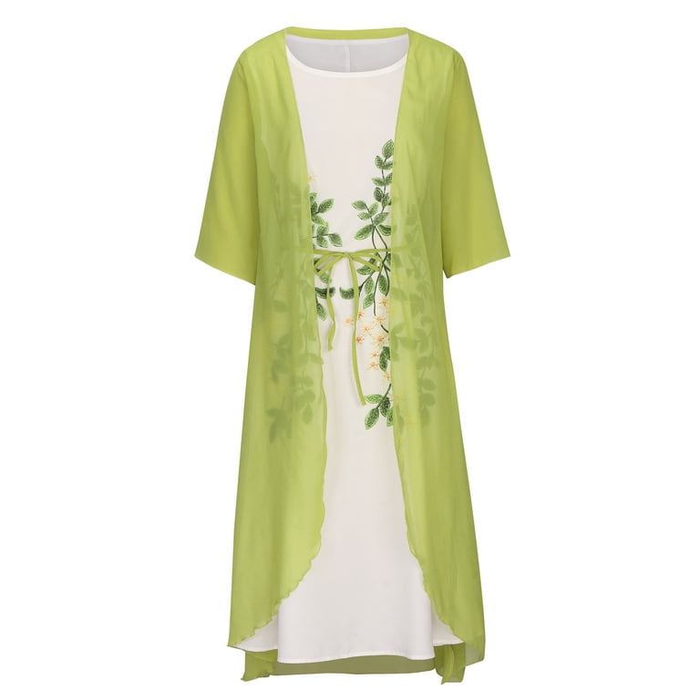 Usmixi Women Comfy Round Neck Sleeveless Floral Print Long Chiffon Dress  with Solid Cardigan Coat Two-Piece Sets Elegant Wedding Guest Flowy Dresses  1*Green m - Walmart.com