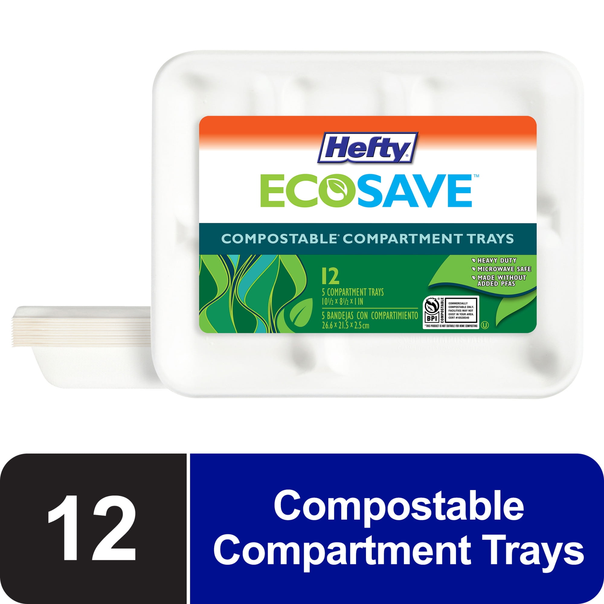 (2 pack) Hefty ECOSAVE Compostable 5-Compartment Paper Trays, 12 Count