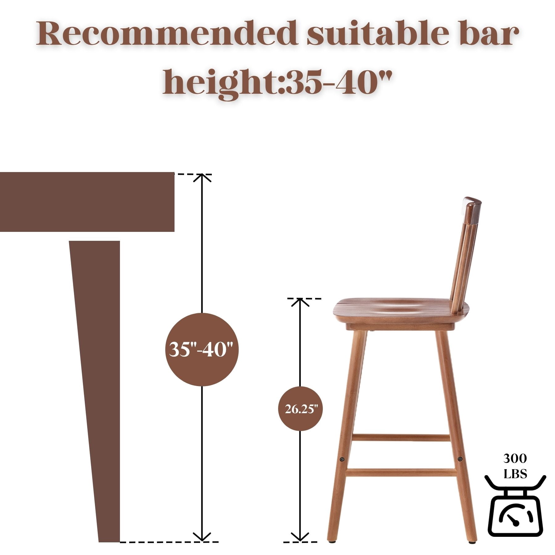 Dayalane Windsor Bar Stools Set of 2, 26" Farmhouse Wooden Counter Height Barstools with Spindle Back & Footrest, Armless Kitchen Island Stools for Bistro, Pub, Breakfast Bar,Walnut