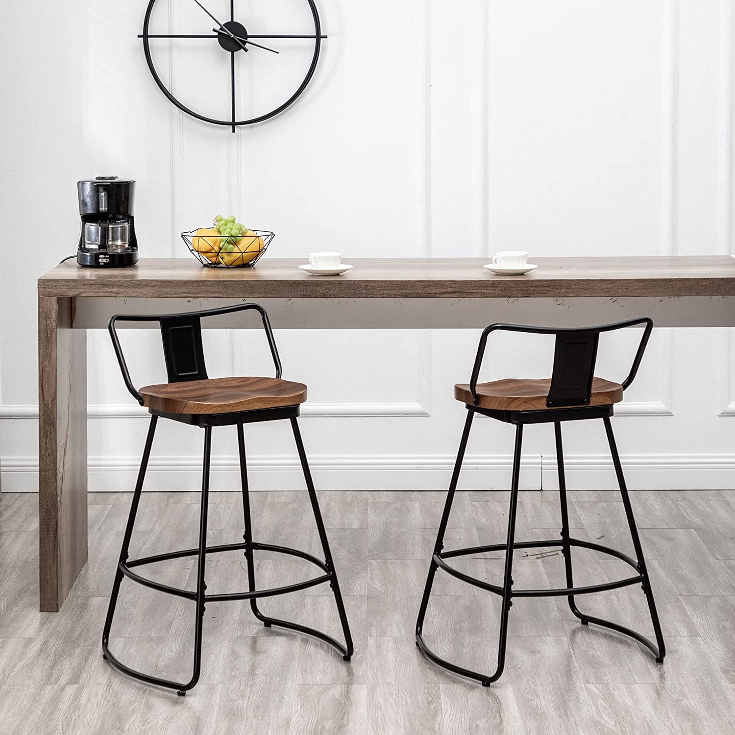 Andeworld 24" Swivel Metal Bar Stools with Backs Set of 2 Industrial Kitchen Dining Bar Chairs with Wood Seat Matte Black