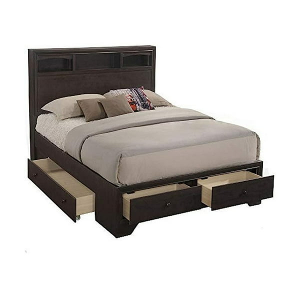 Queen Size Bed with 4 Storage Drawers Bookcase Headboard Walnut Brown