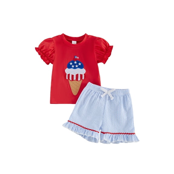 AceBaby Little Girls 4th of July Outfits 6M-4T Summer Ice Cream Embroidery Tops and Striped Shorts Set