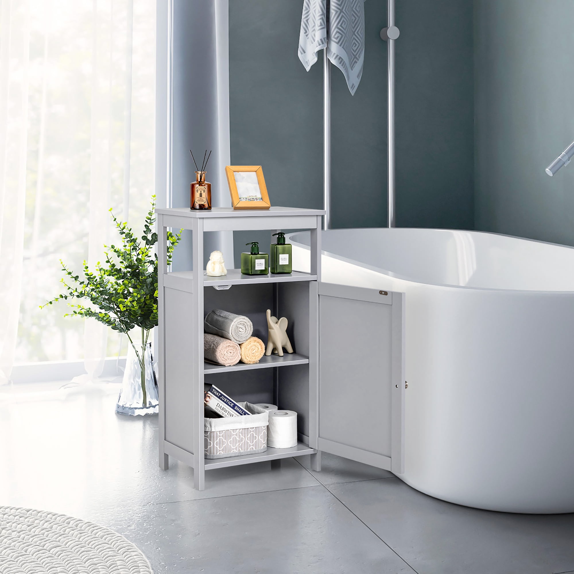 Costway Bathroom Cabinet Wooden Floor Multifunction Storage Rack Organizer Stand Grey