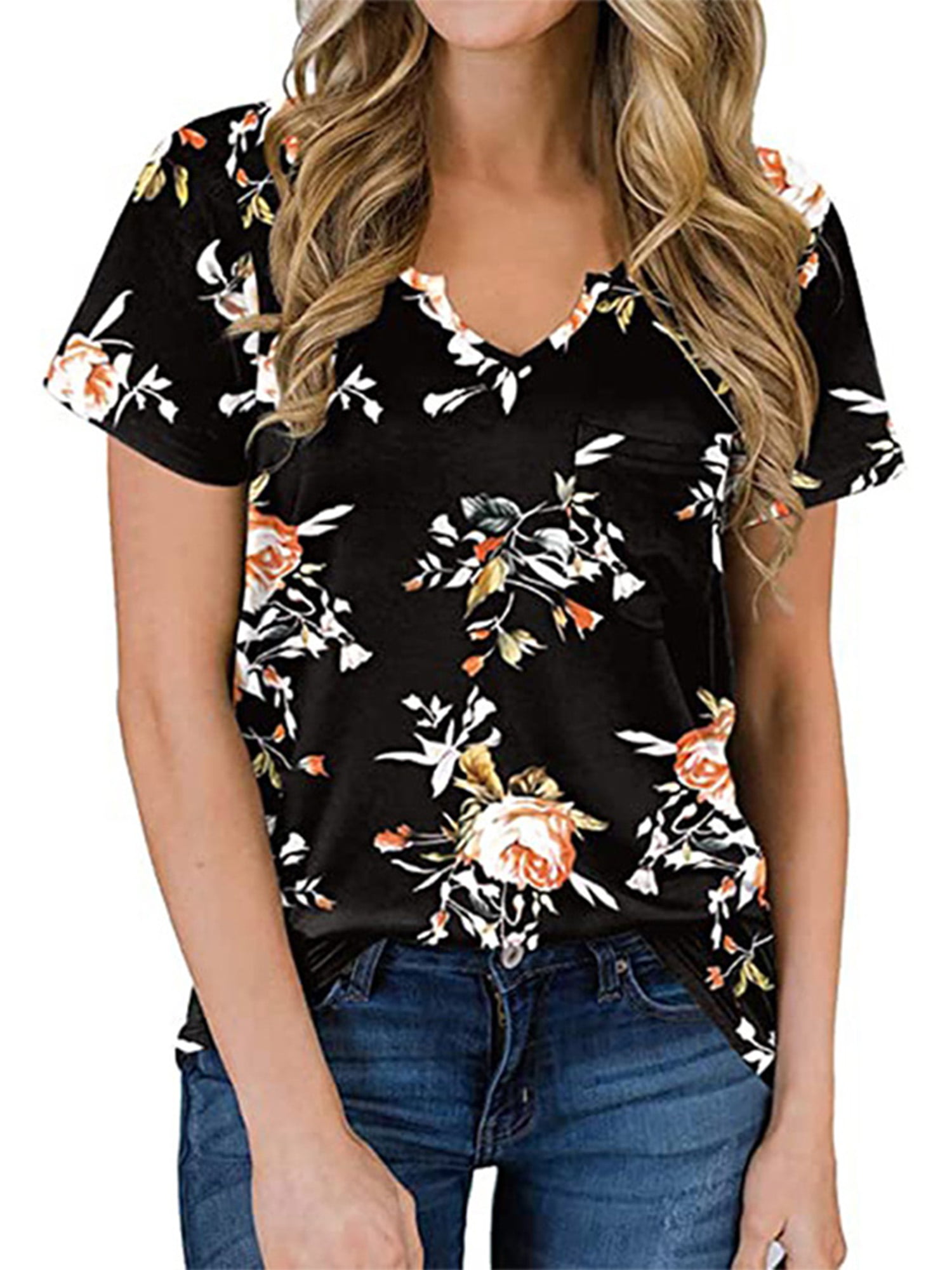 Womens V Neck Floral Button Shirt Ladies Summer Short Sleeve Blouse Tee T Shirts 