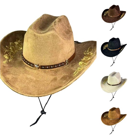 Unir Embroidered Wide Brim Cowboy Hat for Women, Suede Sun Protection with Chin Strap, Outdoor Western Style Hat, 1 Piece, One Size