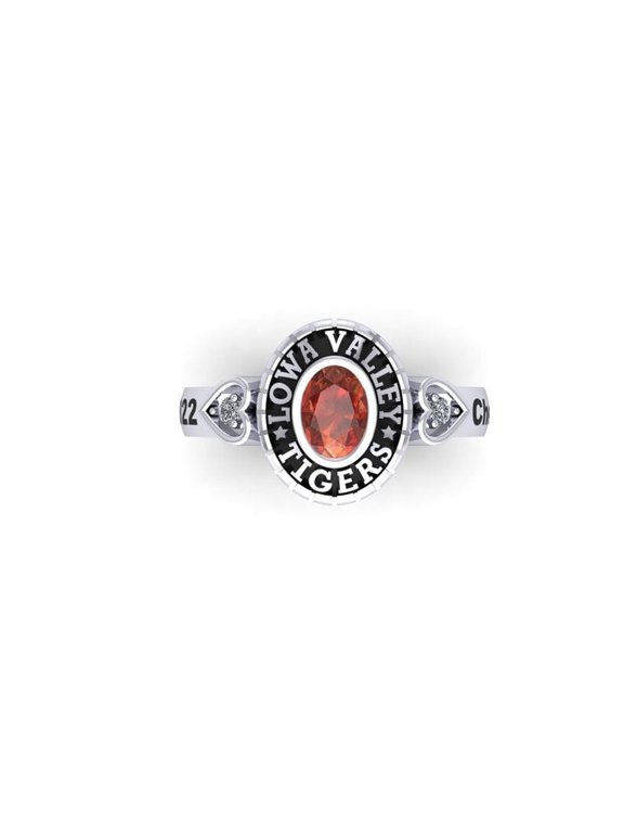 Custom Iowa Valley Tigers High School Mascot Ring Personalized High School Name Year Inside Engraving Oval Orange Stone and Side Hearts Clear Accents for Students 925 Sterling Silver
